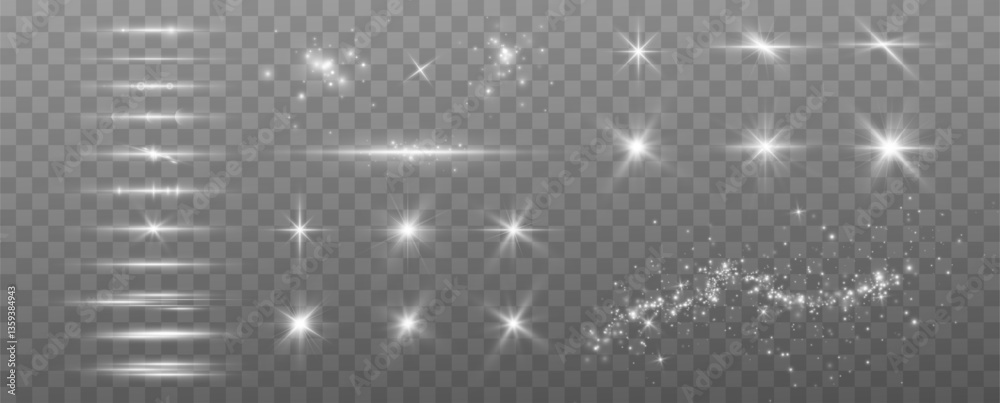 Light effects.Wind glare, explosions, shine, dust, lines, solar flares, sparks, sequins, stars, curved curls. Glow special effect of light