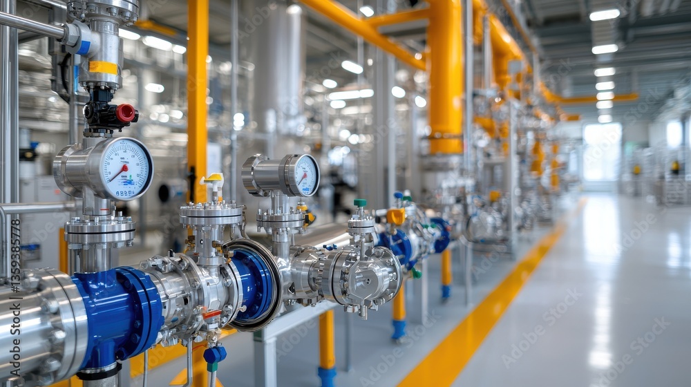 Fototapeta premium A view of an extensive network of industrial pipelines valves and within a large well lit factory or processing facility