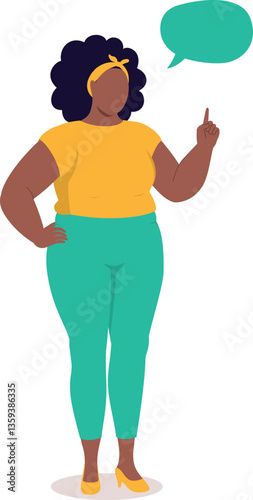 One Plus Size Black Woman Standing And Talking With One Finger Pointing Up.