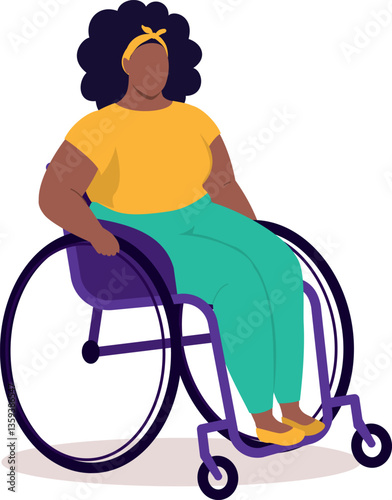 One Disabled Plus Size Black Woman Sitting In Wheelchair.