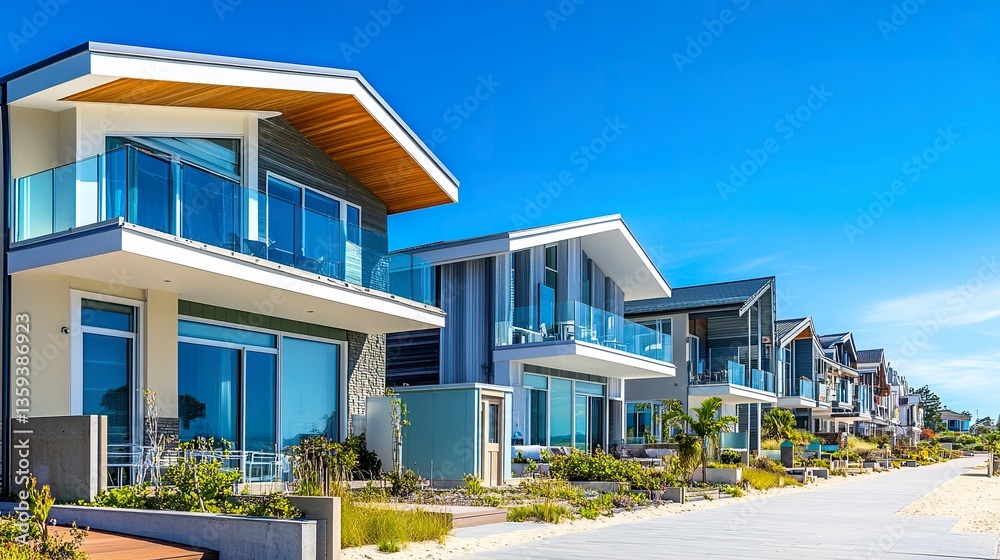 Uniform vacation properties with modern facades, sun-drenched patios, and sandy beach access, clear blue skies enhancing the vibrant scene, wide-angle showcasing coastal perfection Uniform vacation properties with modern facades, sun-drenched patios, and sandy beach access, clear blue skies enhancing the vibrant scene, wide-angle showcasing coastal perfection