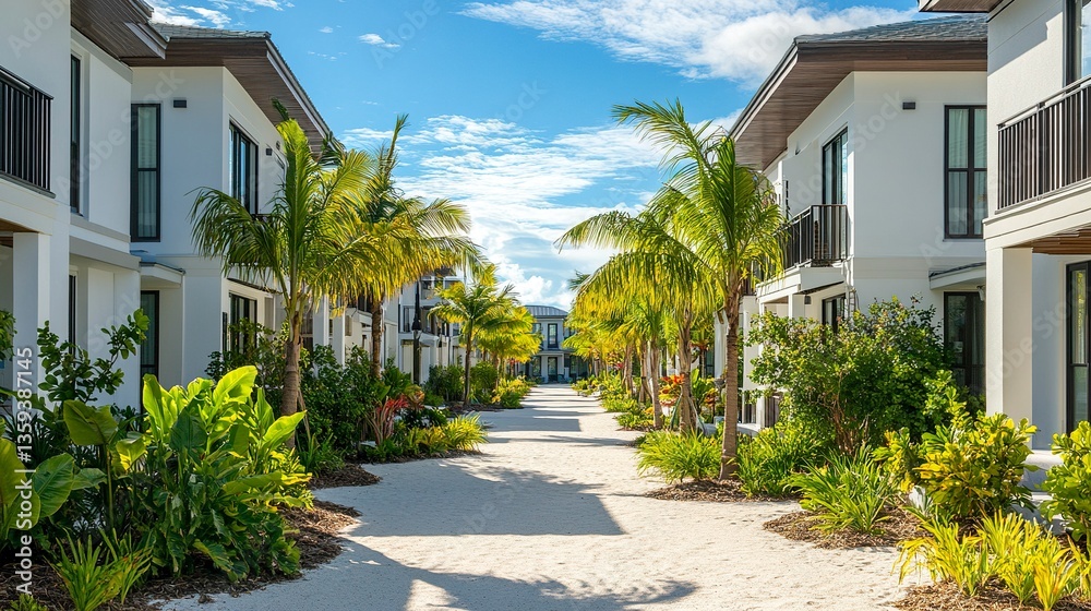 Vacation rental row with identical white exteriors and bright accents, surrounded by sandy paths and tropical greenery, clear skies creating a serene ambiance Vacation rental row with identical white exteriors and bright accents, surrounded by sandy paths and tropical greenery, clear skies creating a serene ambiance
