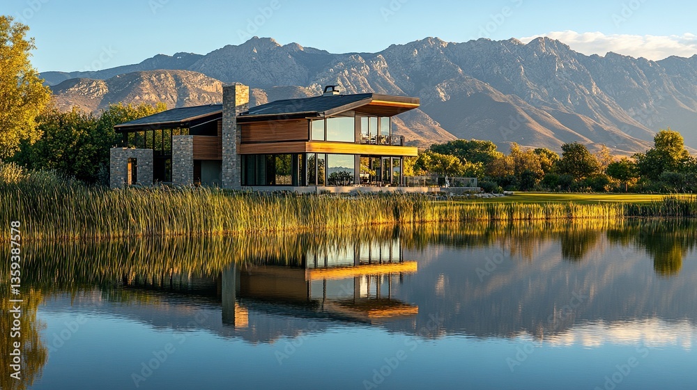 Fototapeta premium Waterfront home with private boat slips, serene lake reflecting mountain views, modern architecture with large windows, wide-angle showcasing tranquil elegance