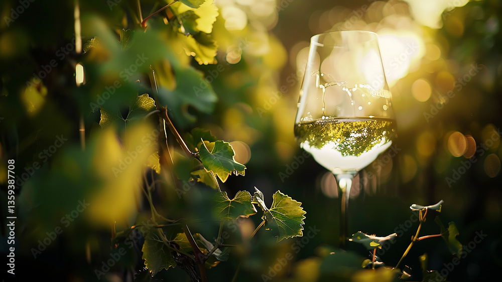 Fototapeta premium a glass of wine on the background of a vineyard, a blurred background of a ripe vine, a blurred backdrop