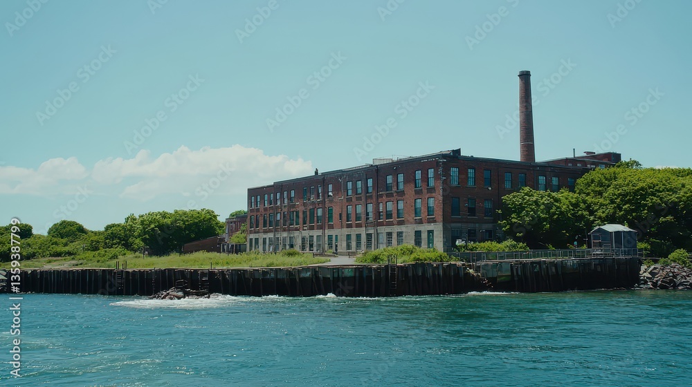 Fototapeta premium Abandoned Industrial Building by Water Under Clear Blue Sky
