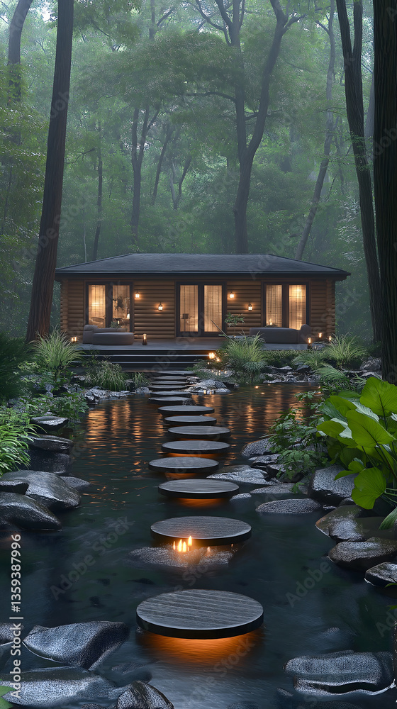 Fototapeta premium Serene wooden cabin surrounded by forest with stepping stones over water at twilight