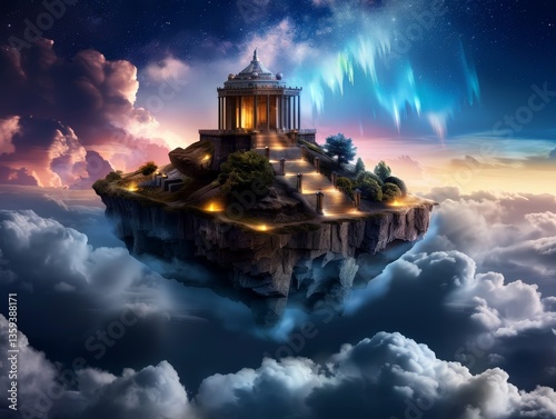 Ancient Floating Temple Illuminated by Golden Light in Clouds