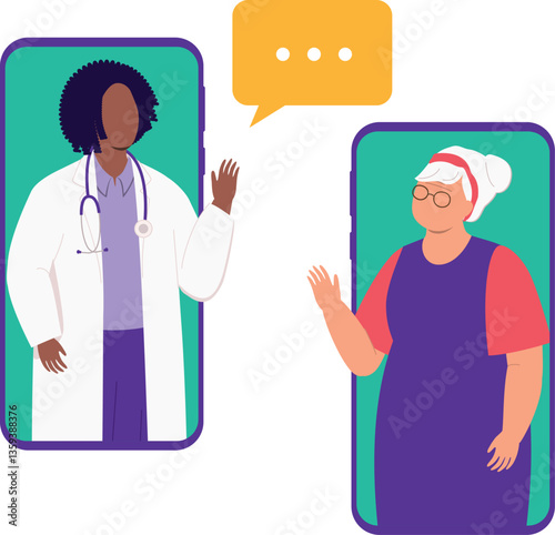 Senior Woman Seeking An Online Medical Advice With A Female Doctor Through Cellphone. Isolated.