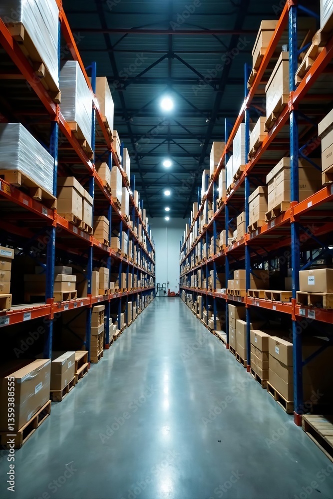 Modern industrial high rack warehouse with electronic inventory system, modern, supply chain Modern industrial high rack warehouse with electronic inventory system, modern, supply chain
