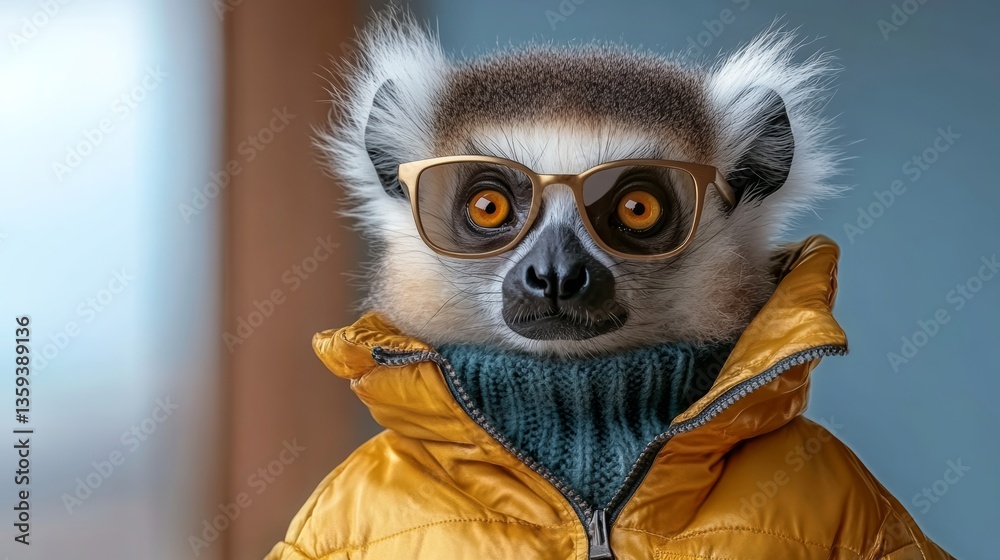 Fototapeta premium Monkey wearing glasses and a yellow jacket
