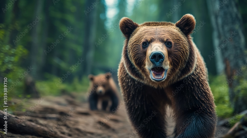 Bear is walking on a path with its mouth open Bear is walking on a path with its mouth open