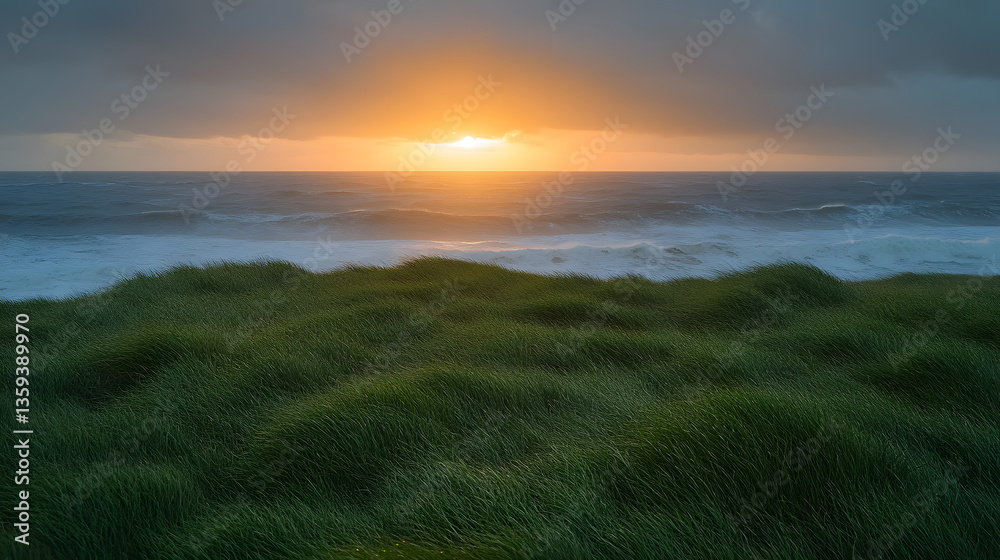 Obraz premium Sunset over Ocean: The setting sun casts a golden glow over the vast ocean, painting the sky with hues of orange and gold, while the foreground showcases lush green grass.