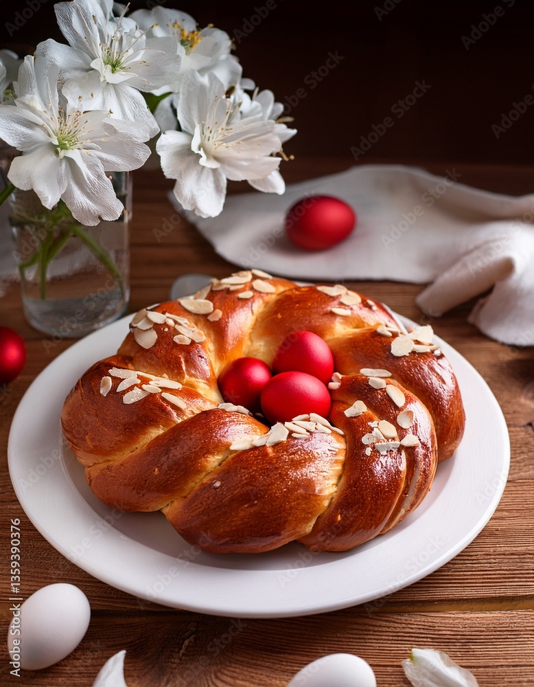 Tsoureki. Traditional greek sweet braided sweet bread for Easter on a wooden table with white flowers and red Easter eggs. Generated image