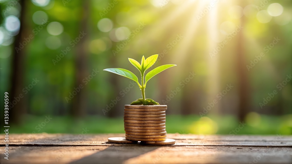 Tree planting on a pile of money, tree on the coin, money-saving ideas, growing and investing in the future Tree planting on a pile of money, tree on the coin, money-saving ideas, growing and investing in the future