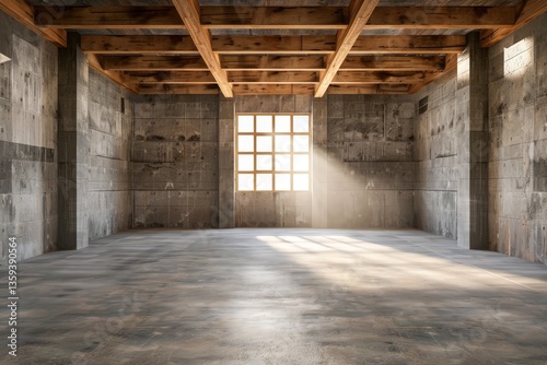 Spacious Unfinished Basement with Rough Cement Walls and Wooden Beams