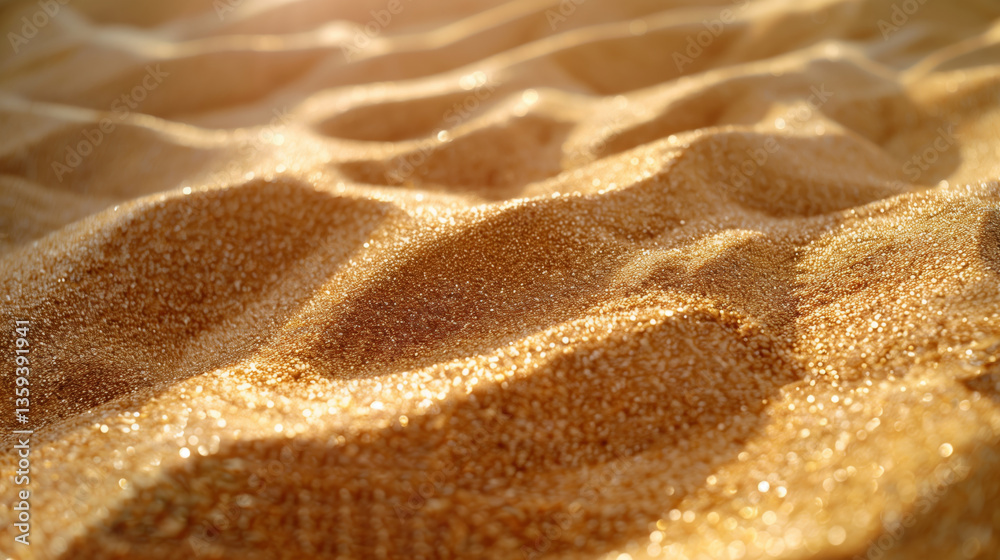 Close-up of golden sand dunes with sparkling grains under warm sunlight. Close-up of golden sand dunes with sparkling grains under warm sunlight.