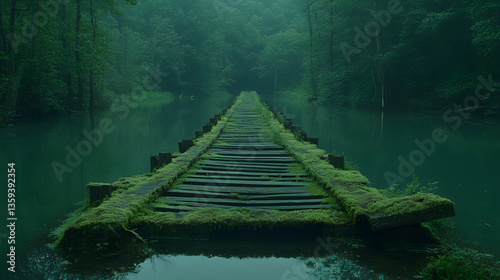 Mystical Bridge over Calm Waters: A rustic wooden bridge stretches across serene, emerald-green water, disappearing into a foggy, lush forest, creating an air of mystery and tranquility.