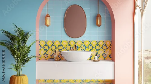 Obraz Elegant Washroom: A stylish washroom showcases a harmonious blend of vibrant colors, decorative tiles, and sleek fixtures, offering a glimpse into a sophisticated and well-designed space.