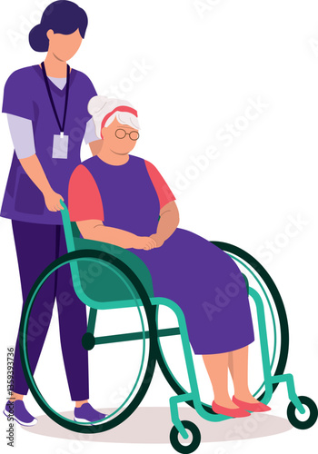 Female Nurse Pushing A Disabled Elderly Woman In Wheelchair.