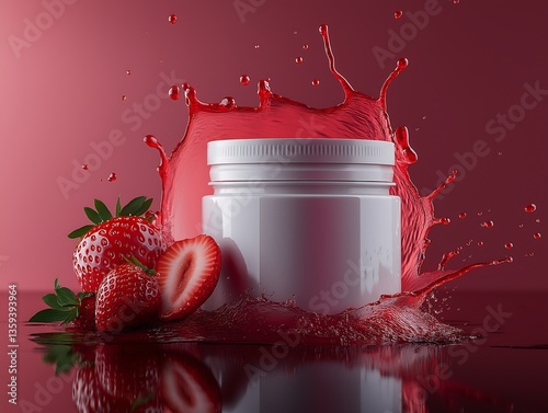 Strawberry Supplement Jar with Splashing Red Liquid & Fresh Berries