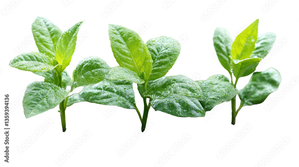 Fototapeta premium Lush Green Sprouts: A vibrant composition of three fresh green sprouts, showcasing the beauty and vitality of new growth, perfect for conveying freshness and natural elements.