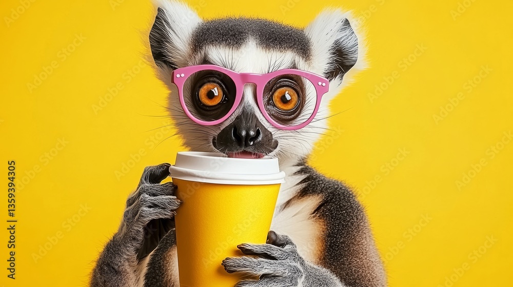 Naklejka premium Monkey wearing pink glasses is holding a yellow coffee cup