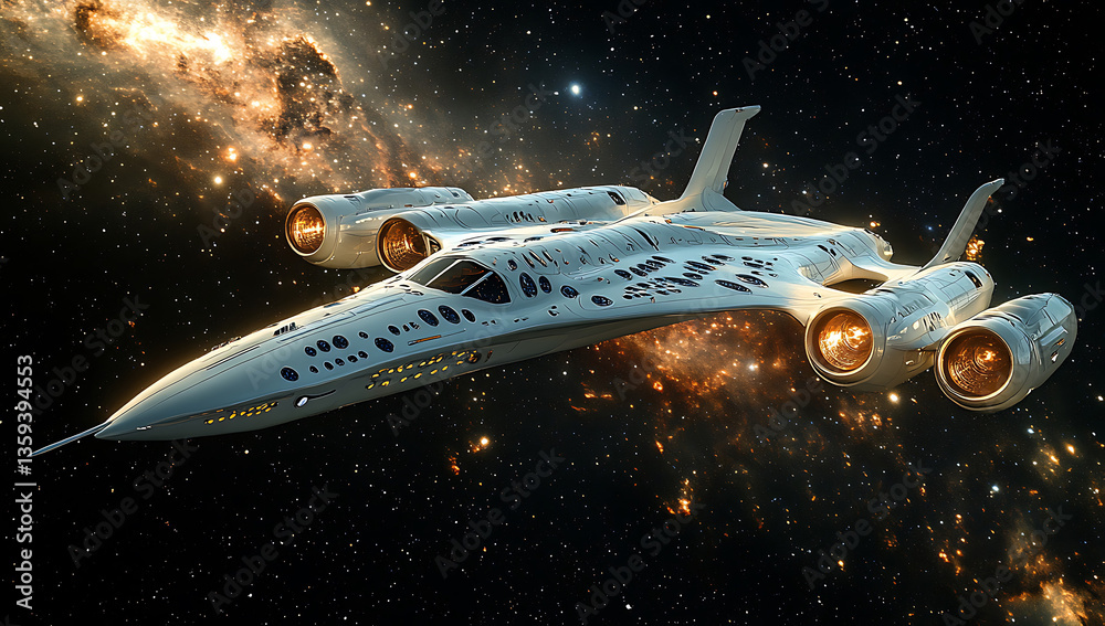 Sleek white spacecraft soars through the cosmos engine glow illuminates a starry background suggesting a futuristic space journey. Sleek white spacecraft soars through the cosmos engine glow illuminates a starry background suggesting a futuristic space journey.
