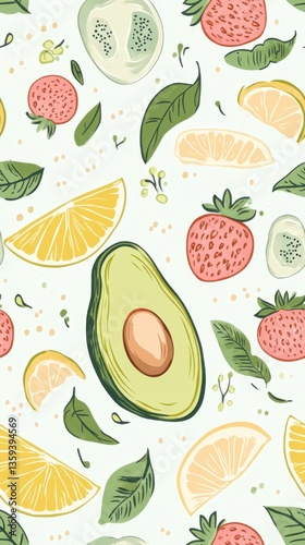 Seamless watercolor patterns Avocado and Fruit. Pixel Art Fruit Pattern: Avocado, Strawberry, Lemon Slices and Leaves