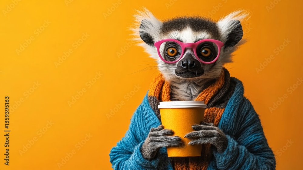 Fototapeta premium Monkey wearing glasses and a pink scarf holding a cup of coffee