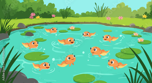 Spring awakening of tadpoles, Happy cartoon tadpoles swimming in a sunny pond representing spring awakening
