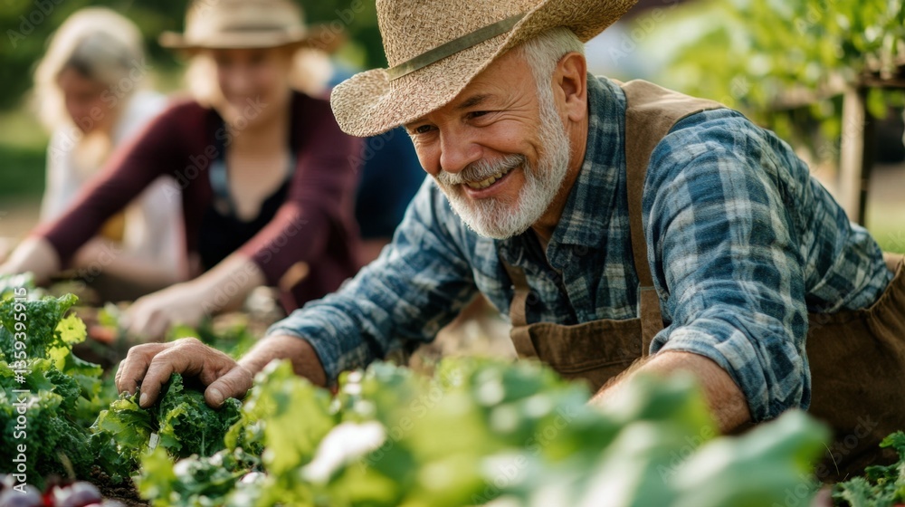 A man demonstrates eco-farming methods to visitors, showcasing sustainable gardening practices in a vibrant, green environment A man demonstrates eco-farming methods to visitors, showcasing sustainable gardening practices in a vibrant, green environment