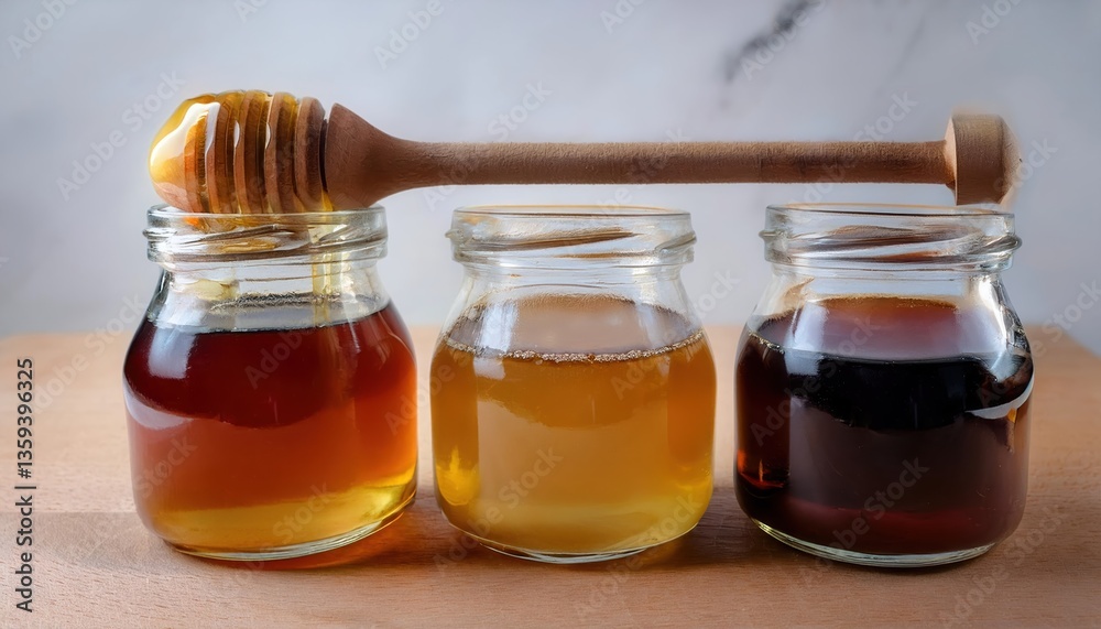 Close up of honey, maple syrup, and agave nectar in glass jars with wooden spoon on wooden surface Close up of honey, maple syrup, and agave nectar in glass jars with wooden spoon on wooden surface