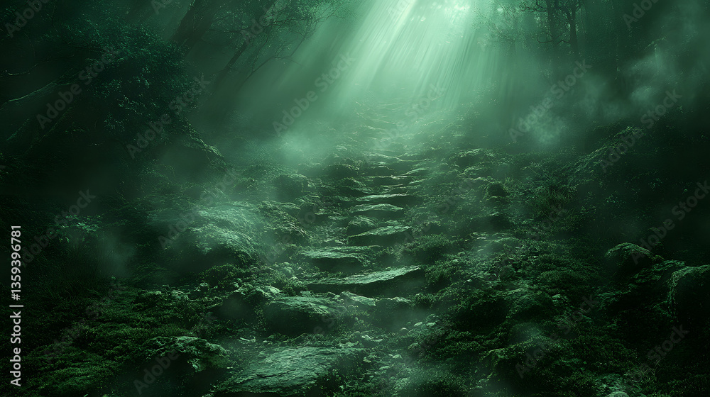 Mystical Trail: A mesmerizing pathway ascends through a verdant forest, illuminated by ethereal beams of light that pierce through the atmospheric mist, evoking a sense of mystery and serenity. Mystical Trail: A mesmerizing pathway ascends through a verdant forest, illuminated by ethereal beams of light that pierce through the atmospheric mist, evoking a sense of mystery and serenity.