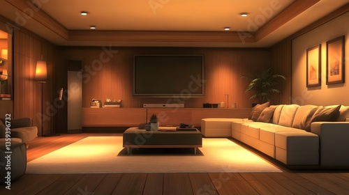 A modern living room designed for entertainment with a large sectional sofa, a sleek media unit, and recessed lighting, featuring a warm neutral color palette and wooden flooring