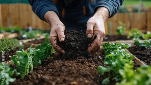 A person adds organic compost to a vegetable bed, enriching the soil for healthy plant growth in a garden environment