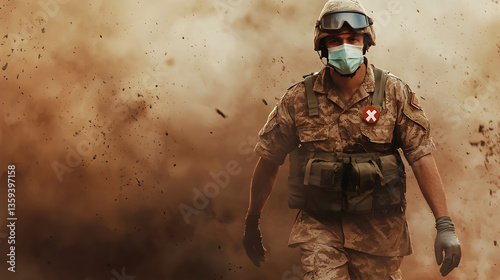 Military nurse walking through warzone in dust and debris, representing courage in conflict. Copy space on the left. soldier, medic, battlefield, army, combat, uniform, conflict, explosion, danger
