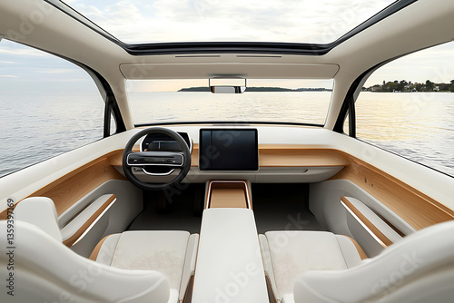 Wallpaper Mural Modern boat interior featuring white seating wood accents a large touchscreen and a panoramic view of the water. Torontodigital.ca