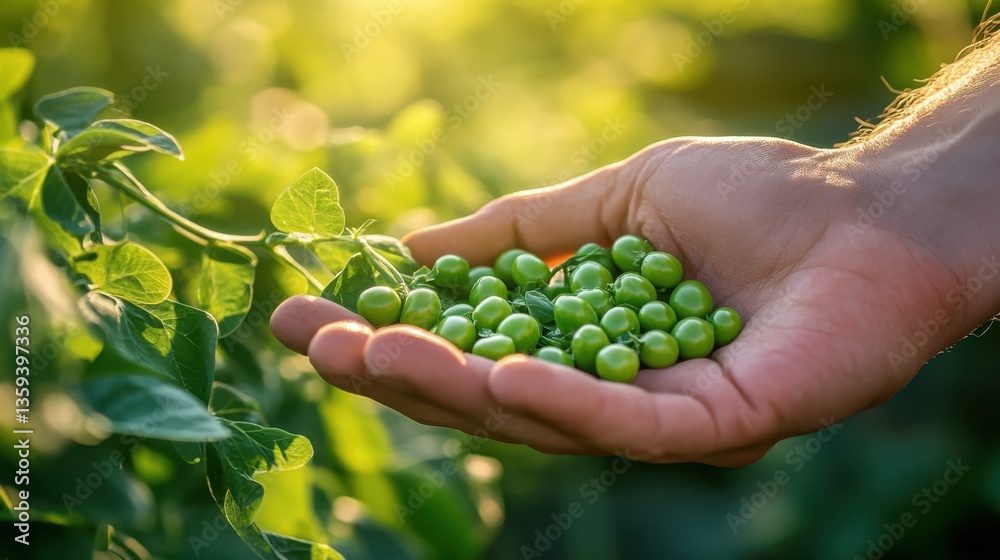 Freshly picked peas are being held in a hand against a vibrant green background, showcasing the beauty of nature and the bounty of a harvest Freshly picked peas are being held in a hand against a vibrant green background, showcasing the beauty of nature and the bounty of a harvest