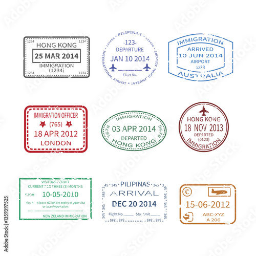 Vector international travel visa stamps set