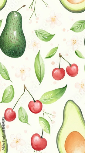 Seamless watercolor patterns Avocado and Fruit. Watercolor Avocado and Cherry Pattern with Floral Elements