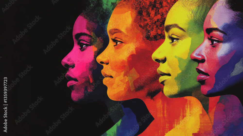 Fototapeta premium United in diversity: A vibrant rainbow portrait of women standing in solidarity and strength.