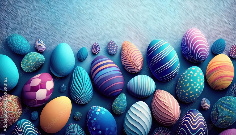Fototapeta premium Brightly colored Easter eggs in various patterns and shades arranged beautifully for an Easter celebration