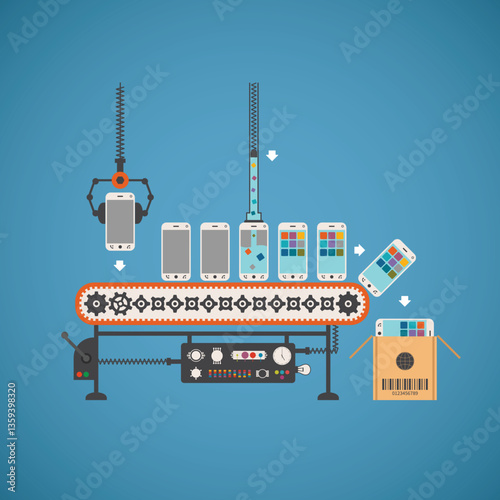 Vector concept of hardware and software production with smartphones on conveyor line