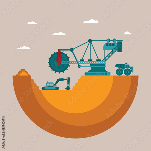 Vector concept of mine at mineral deposit place with waste heap