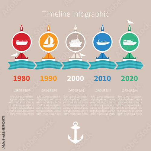 Timeline vector infographic with sea transport icons and text in retro style