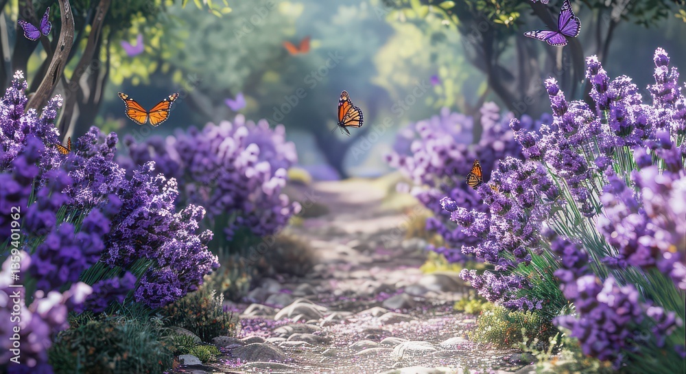 Obraz premium A garden path lined with blooming lavender plants, creating a peaceful atmosphere with butterflies flying around.