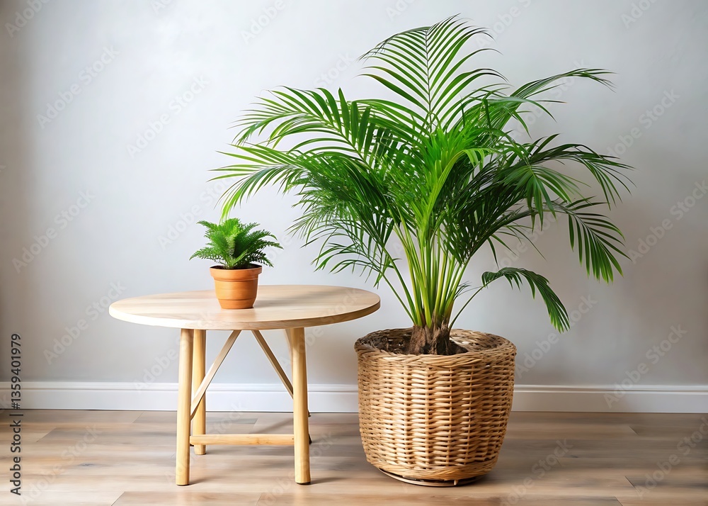 Fototapeta premium table with potted areca palm and woven basket