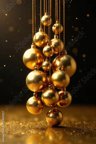 A cluster of gold ornaments suspended in mid-air on a dark gold surface, winter accessories, holiday decor
