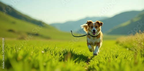 A dog on a leash runs in a green meadow with hills in the background, dog on leash, dog running outdoors nature
