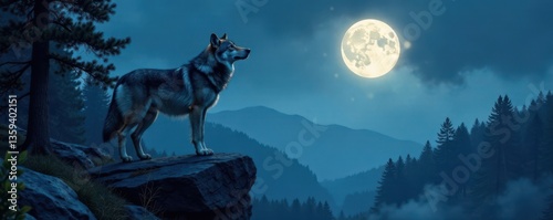 A majestic gray wolf stands on a rocky hilltop howling into the darkness of the forest under the light of a full moon, forest, wildlife